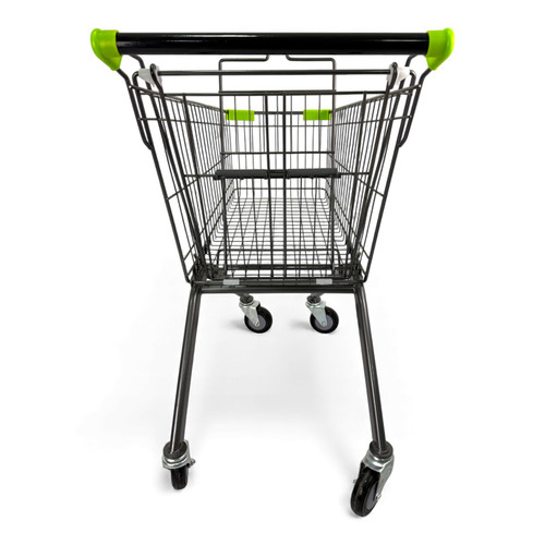 60L Grey Supermarket Wire Shopping Trolley with Child Seat & Swivel Castors, product shown on a white background, full-height product photograph