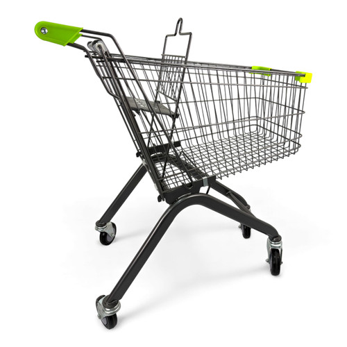 60L Grey Supermarket Wire Shopping Trolley with Child Seat & Swivel Castors, close product view on a white background, close product photograph