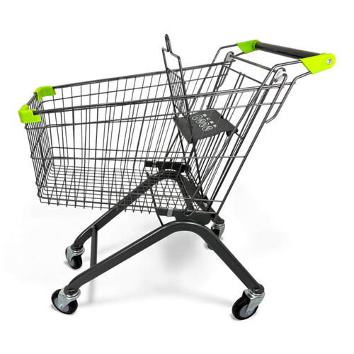 60L Grey Supermarket Wire Shopping Trolley with Child Seat & Swivel Castors, close product view on a white background, brightly lit product image