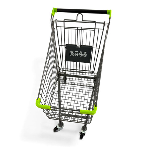 100L Grey Supermarket Wire Shopping Trolley with Child Seat & Swivel Castors, product shown on a white background, full-height product photograph