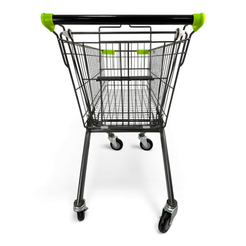 100L Grey Supermarket Wire Shopping Trolley with Child Seat & Swivel Castors, product shown on a white background, balanced, centred square layout