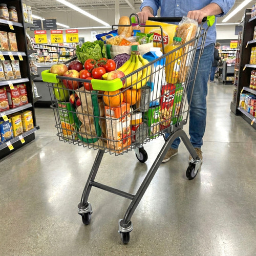 100L Grey Supermarket Wire Shopping Trolley with Child Seat & Swivel Castors