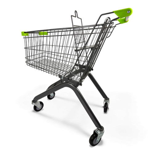 100L Grey Supermarket Wire Shopping Trolley with Child Seat & Swivel Castors, product shown on a white background, standard product photograph