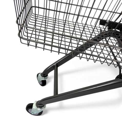 100L Grey Supermarket Wire Shopping Trolley with Child Seat & Swivel Castors, close product view against a light background, close product photograph