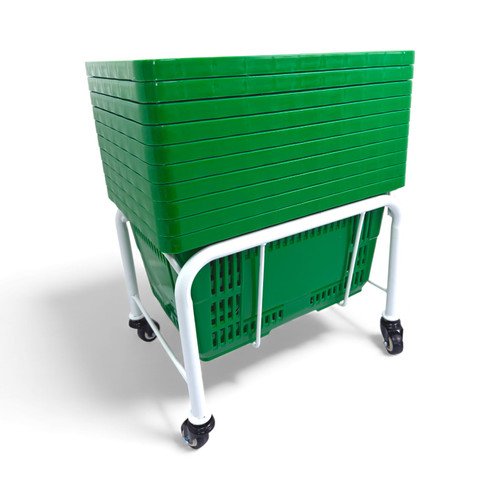 White Shopping Basket Stacker with Wheels for 21L–28L Retail Baskets