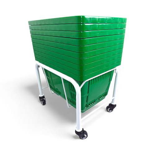 White Shopping Basket Stacker with Wheels for 21L–28L Retail Baskets