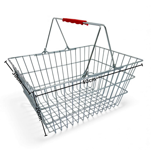 22L Wire Shopping Basket with Red Handles, close product view on a white background
