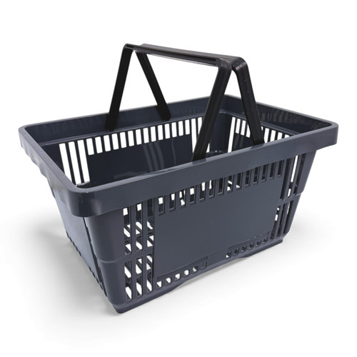 28L Dark Grey Plastic Shopping Basket–HDPE,Foldable Handles,Stackable Retail Use