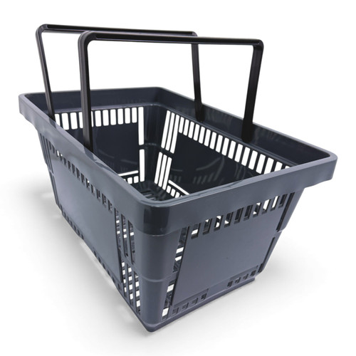 28L Dark Grey Plastic Shopping Basket–HDPE,Foldable Handles,Stackable Retail Use