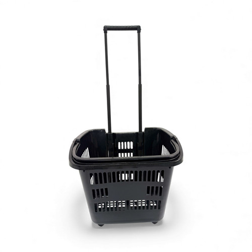 34L Black Trolley Basket w/ Wheels & Handle – Heavy Duty Plastic Shopping Cart