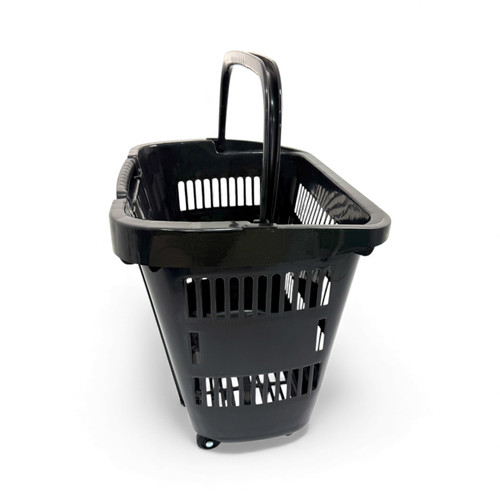 34L Black Trolley Basket w/ Wheels & Handle – Heavy Duty Plastic Shopping Cart