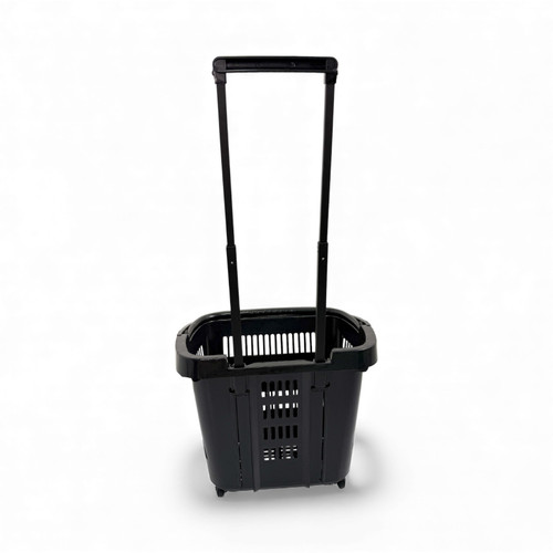 34L Black Trolley Basket w/ Wheels & Handle – Heavy Duty Plastic Shopping Cart