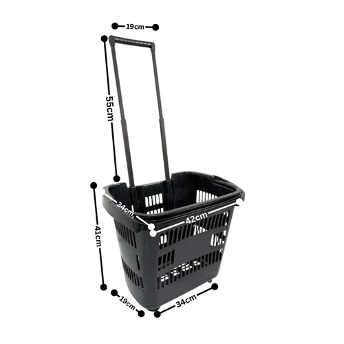 34L Black Trolley Basket w/ Wheels & Handle, dimension guide on a white background