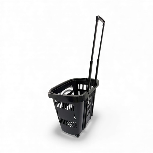 34L Black Trolley Basket w/ Wheels & Handle – Heavy Duty Plastic Shopping Cart