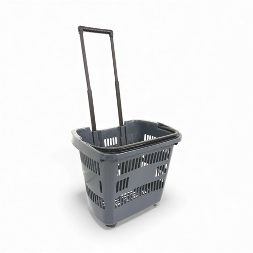 34L Dark Grey Trolley Basket w/ Wheels & Handle – Heavy Duty Plastic Shopping Cart
