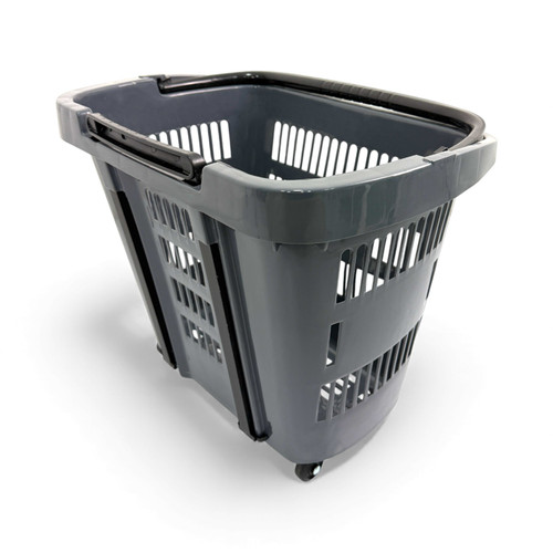 34L Dark Grey Trolley Basket w/ Wheels & Handle – Heavy Duty Plastic Shopping Cart