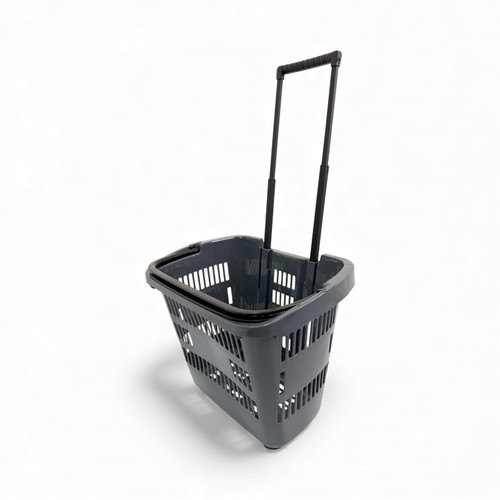 34L Dark Grey Trolley Basket w/ Wheels & Handle – Heavy Duty Plastic Shopping Cart