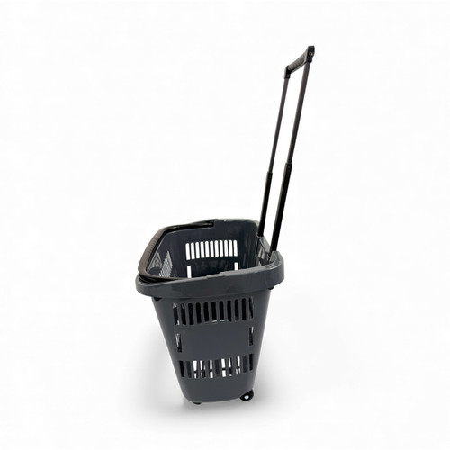 34L Dark Grey Trolley Basket w/ Wheels & Handle – Heavy Duty Plastic Shopping Cart