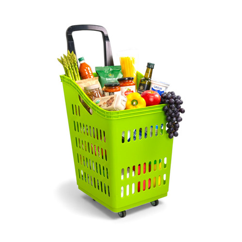 68L 4-Wheel Plastic Shopping Trolley Basket, product shown on a white background, brightly lit product image