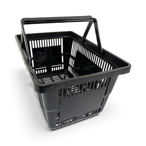 22L Black Plastic Shopping Basket –HDPE, Foldable Handles, Stackable Retail Use