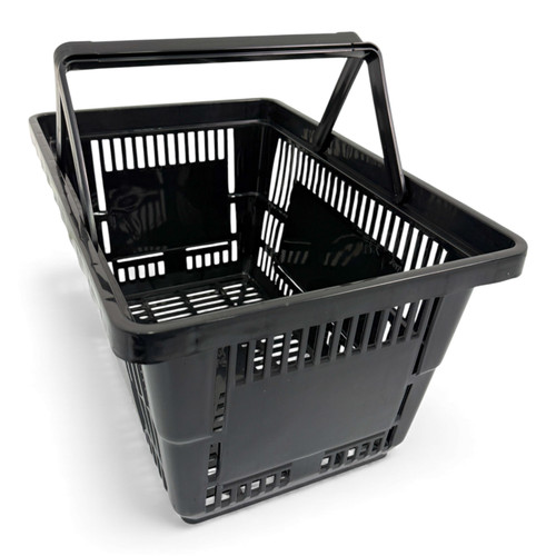 28L Black Plastic Shopping Basket, close product view on a white background, tight, centred square layout