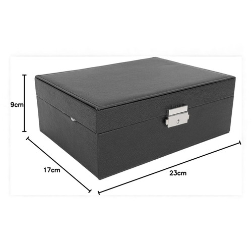 2 Layer PU Leather Double Layer Jewellery Box /Lock & Key–Huge Capacity, Black