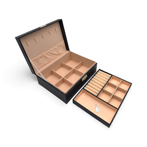 2 Layer PU Leather Double Layer Jewellery Box /Lock & Key–Huge Capacity, Black