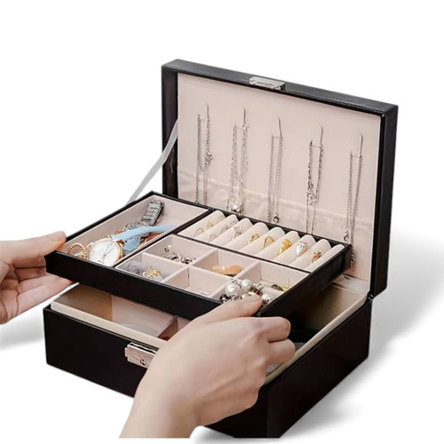 2 Layer PU Leather Double Layer Jewellery Box /Lock & Key–Huge Capacity, Black