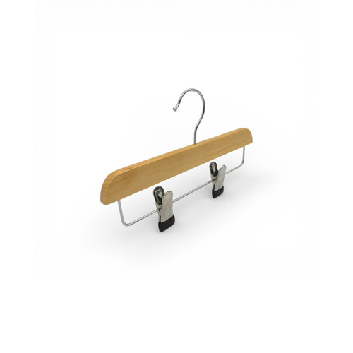 Kids Wooden Trouser Skirt Clip Hanger 25cm with Adjustable Chrome Clips, product shown on a white background