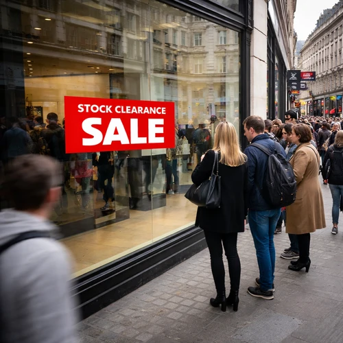 Stock Clearance Sale Window Poster 75x30cm, printed product shown against a dark background