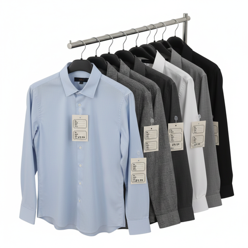 White perforated stock tickets attached to shirts and jackets on a clothes rail