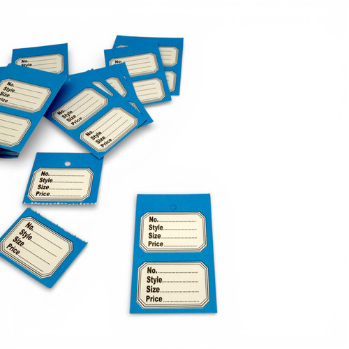 1000 Unstrung Perforated Stock Tickets 41x63mm Blue Swing Tags for Tagging Guns, product shown on a white background, balanced, left-balanced square layout