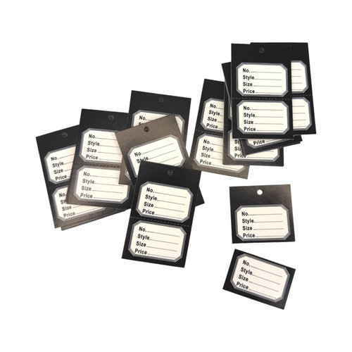 1000 Unstrung Perforated Stock Tickets 41x63mm Black Swing Tags for Tagging Guns, product shown on a white background, standard product photograph