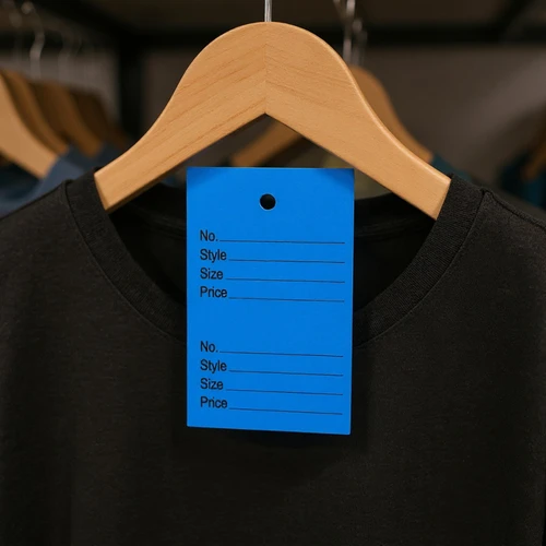 1000 Unstrung Perforated Stock Tickets 41x63mm Blue, Swing Tags for Tagging Guns, close product view against a dark background