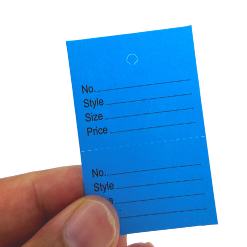 1000 Unstrung Perforated Stock Tickets 41x63mm Blue, Swing Tags for Tagging Guns, product shown against a coloured background