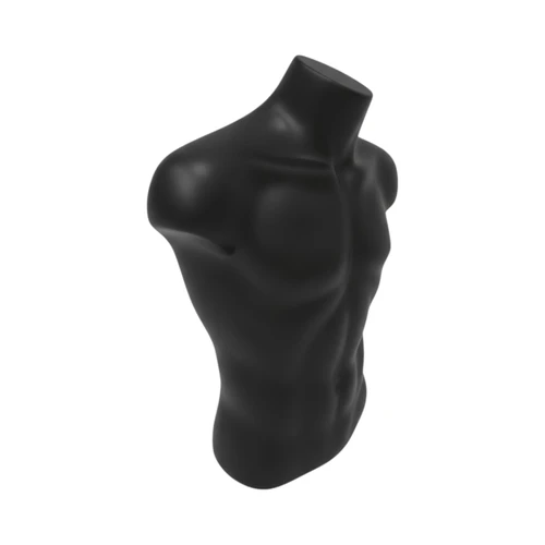 Black Male Torso Bust Mannequin Upper Half Body Display for T-Shirts Jumpers etc, full-height product view on a white background, full-height product photograph
