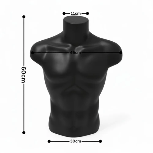 Black Male Torso Bust Mannequin Upper Half Body Display for T-Shirts Jumpers etc, full-height product view on a white background, balanced, centred square layout