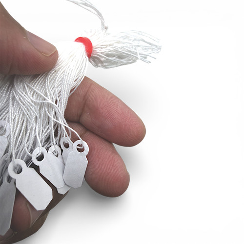 White Strung Parcel Tags with Cotton String, product shown against a coloured background, balanced, centred square layout