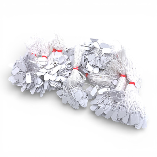 White Strung Parcel Tags with Cotton String, product shown on a white background, balanced, centred square layout