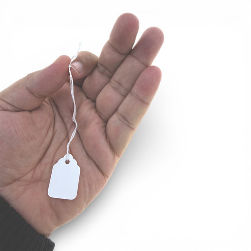 White Strung Parcel Tags with Cotton String, product shown against a coloured background, standard product photograph