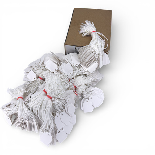 White Strung Parcel Tags with Cotton String, close product view on a white background, balanced, centred square layout