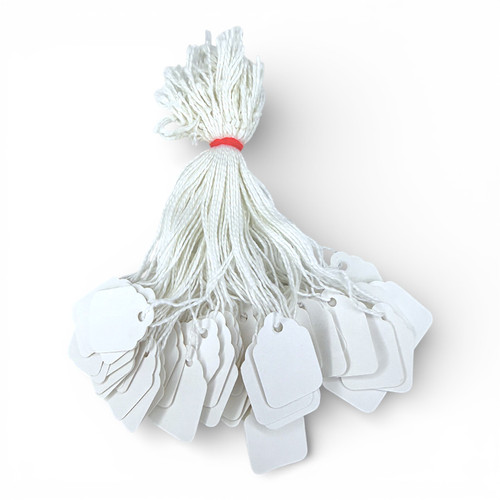 White Strung Parcel Tags with Cotton String, close product view on a white background