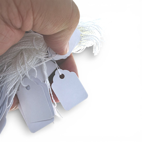 White Strung Parcel Tags with Cotton String, product shown against a coloured background, balanced, centred square layout