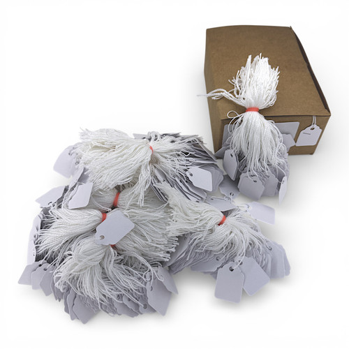 White Strung Parcel Tags with Cotton String, close product view on a white background
