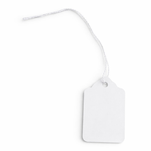 White Strung Parcel Tags with Cotton String, product shown on a white background, balanced, centred square layout