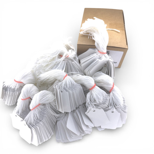 White Strung Parcel Tags with Cotton String, close product view on a white background, tight, centred square layout