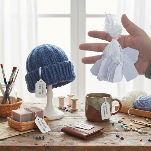 White Strung Parcel Tags with Cotton String, product shown against a coloured background