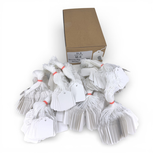 White Strung Parcel Tags with Cotton String, close product view on a white background, tight, centred square layout