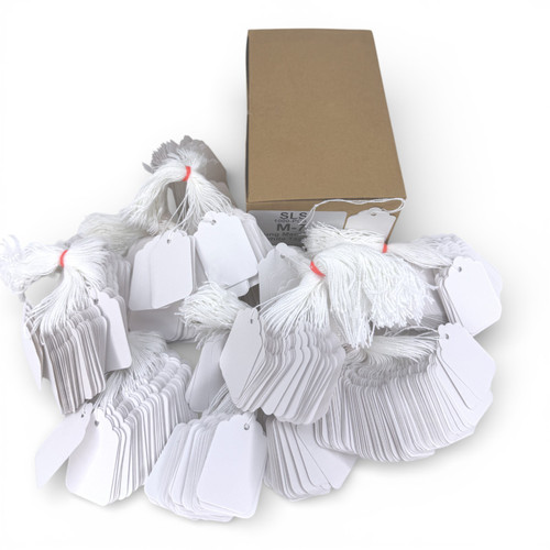 White Strung Parcel Tags with Cotton String, close product view on a white background, brightly lit product image
