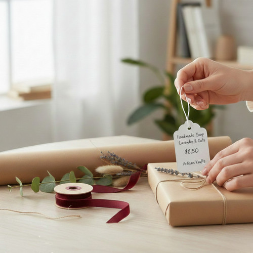White Strung Parcel Tags with Cotton String, close product view against a coloured background